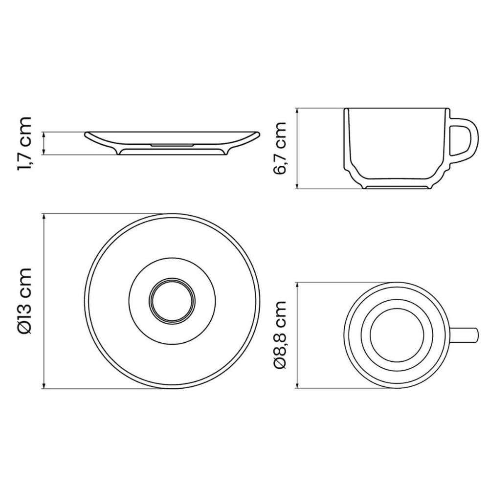 Kit 12 Peças Conjunto Xícaras de Chá com Pires em Porcelana