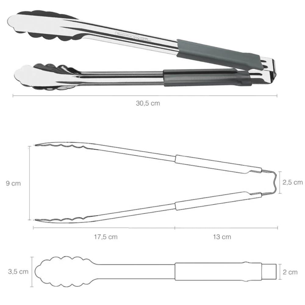 Kit 5 Pegadores Inox 30cm Tramontina Utilitá Cabo Emborrachado Cinza Carne Legumes