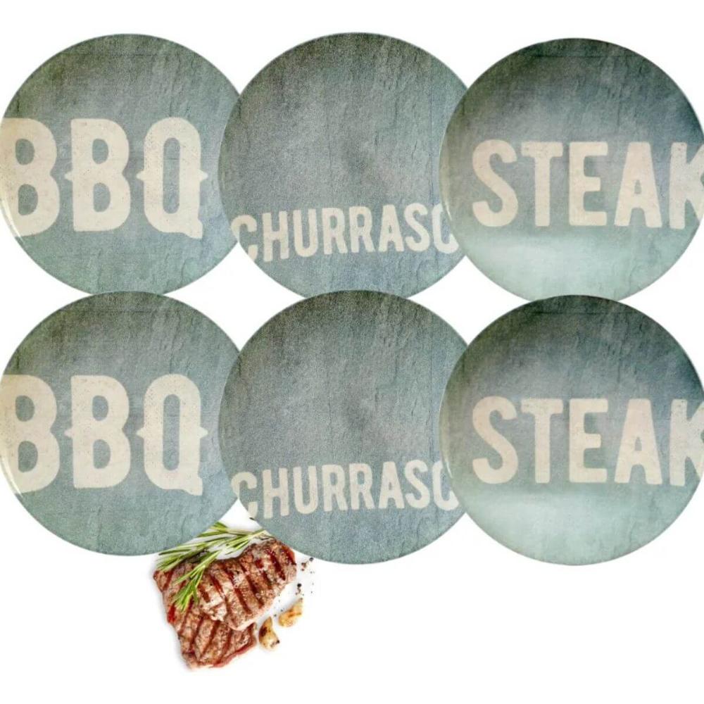 Kit 6 Pratos Rasos Tramontina Churrasco Stone Porcelana 28cm Temático BBQ Steak