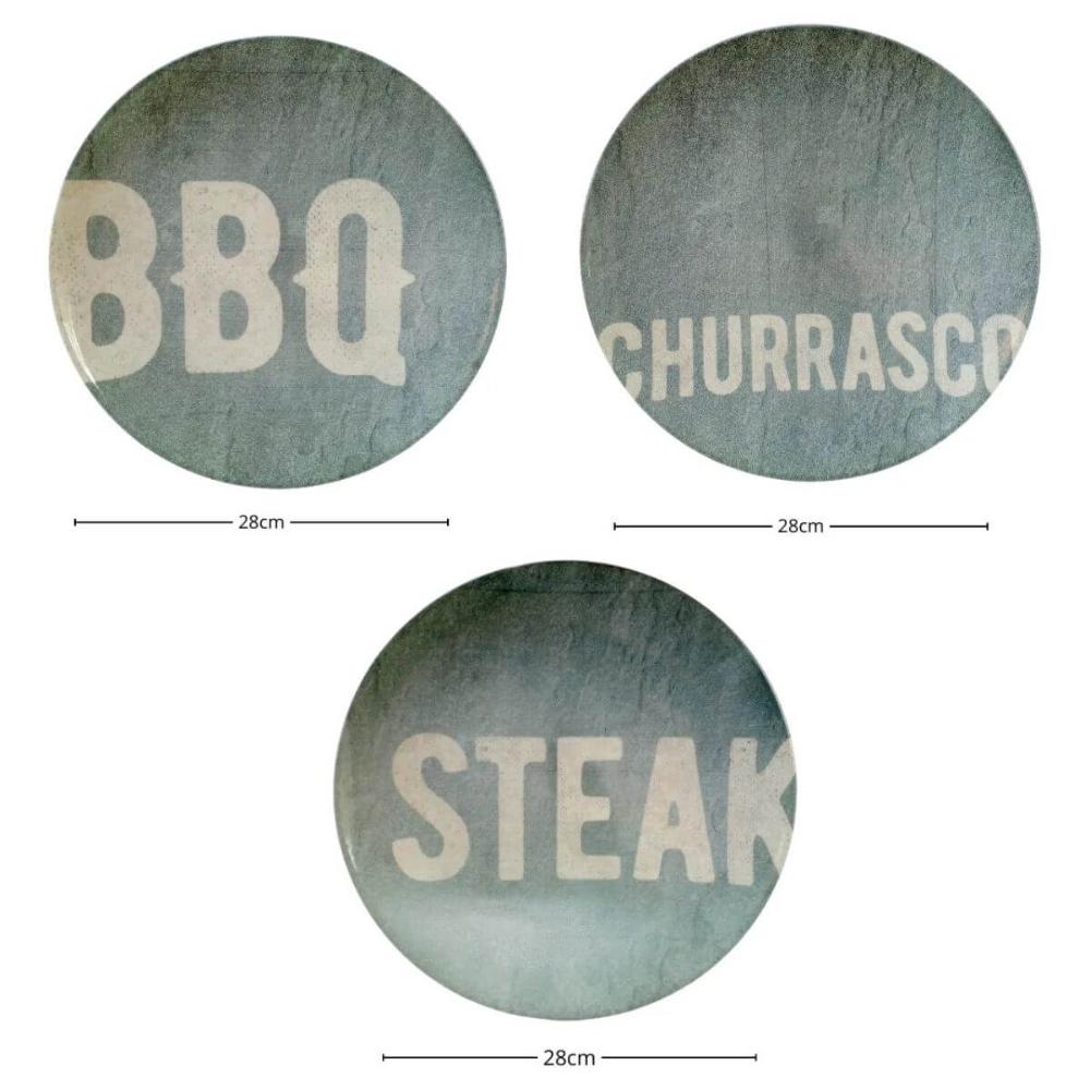 Kit 6 Pratos Rasos Tramontina Churrasco Stone Porcelana 28cm Temático BBQ Steak
