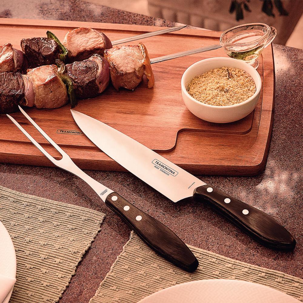 Kit Churrasco Garfo e Faca 8' Tramontina Jogo Trinchante Aço Inox Madeira Polywood Castanho