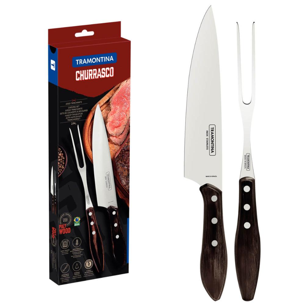 Kit Churrasco Garfo e Faca 8' Tramontina Jogo Trinchante Aço Inox Madeira Polywood Castanho