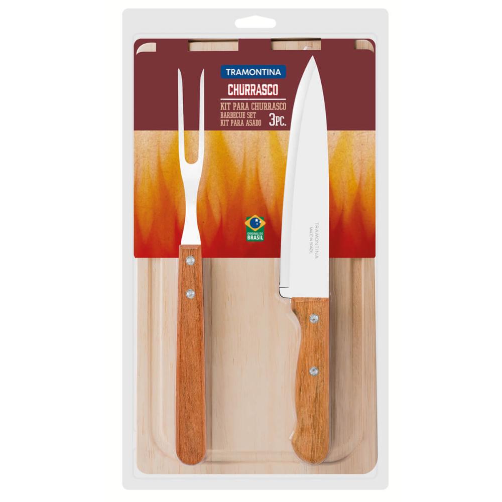 Kit Churrasco Tramontina Faca Chef 8' Garfo Trinchante Tábua Madeira Natural Aço Inox 3pçs