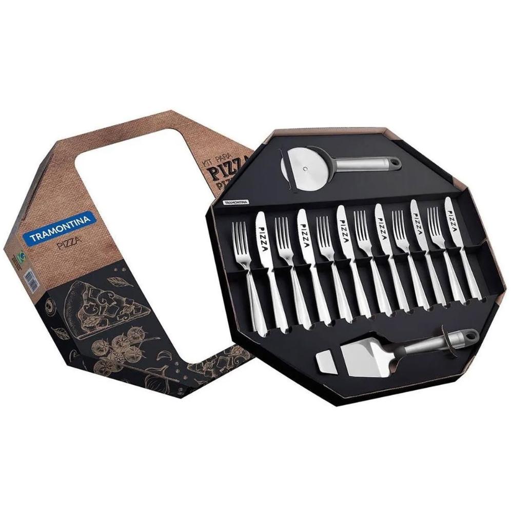 Kit Para Pizza em Aço Inox 12 Talheres 1 Espátula e 1 Cortad