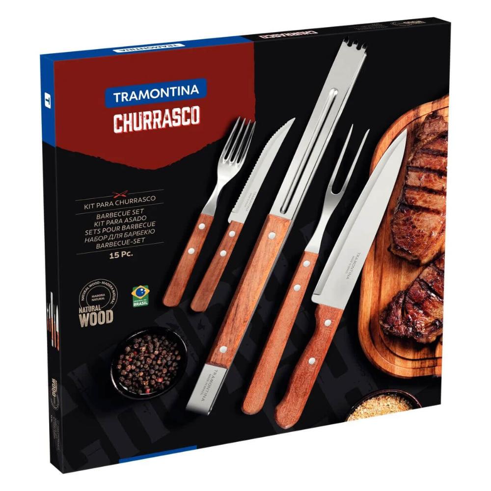 Kit para Churrasco Tramontina em Aço Inox Faca Pegador e Garfo Trinchante 15 Peças