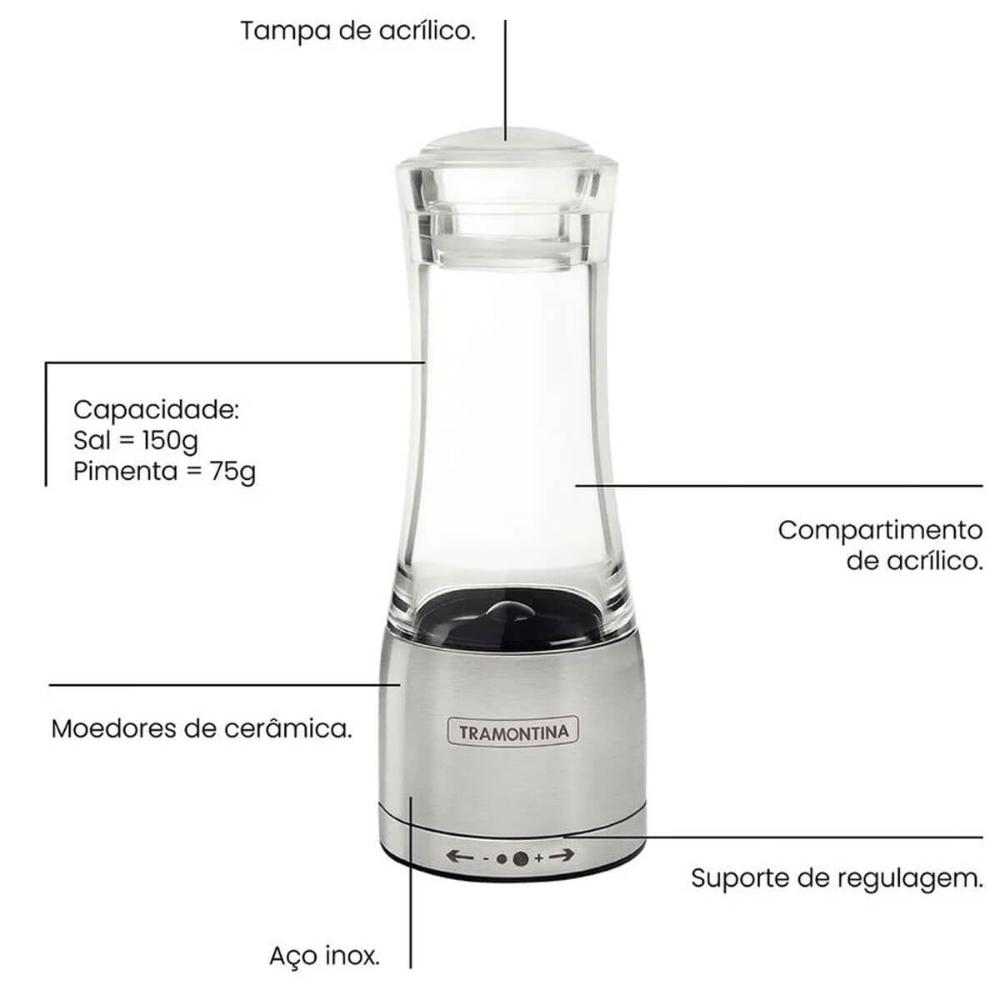 Moedor de Sal Pimenta Acrílico Inox com Moinho Cerâmica Tramontina Realce