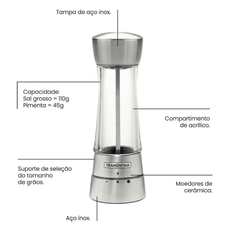Moedor de Sal ou Pimenta Tramontina em Aço Inox com Regulagem de Tamanho do Grão