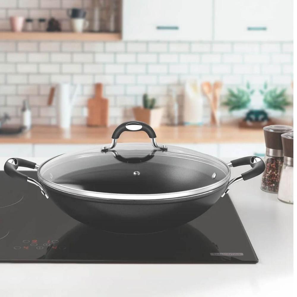 Panela Wok Tramontina Mônaco 32cm Alumínio Antiaderente 4,5L Indução Preta