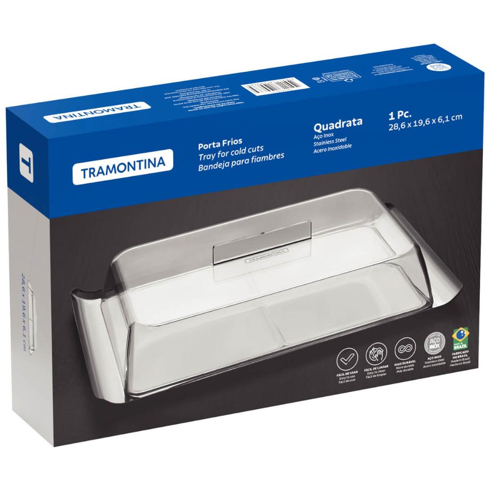 Porta Frios Tramontina Quadrata em Aço Inox com Tampa Prato Organizador de Queijo e Presunto