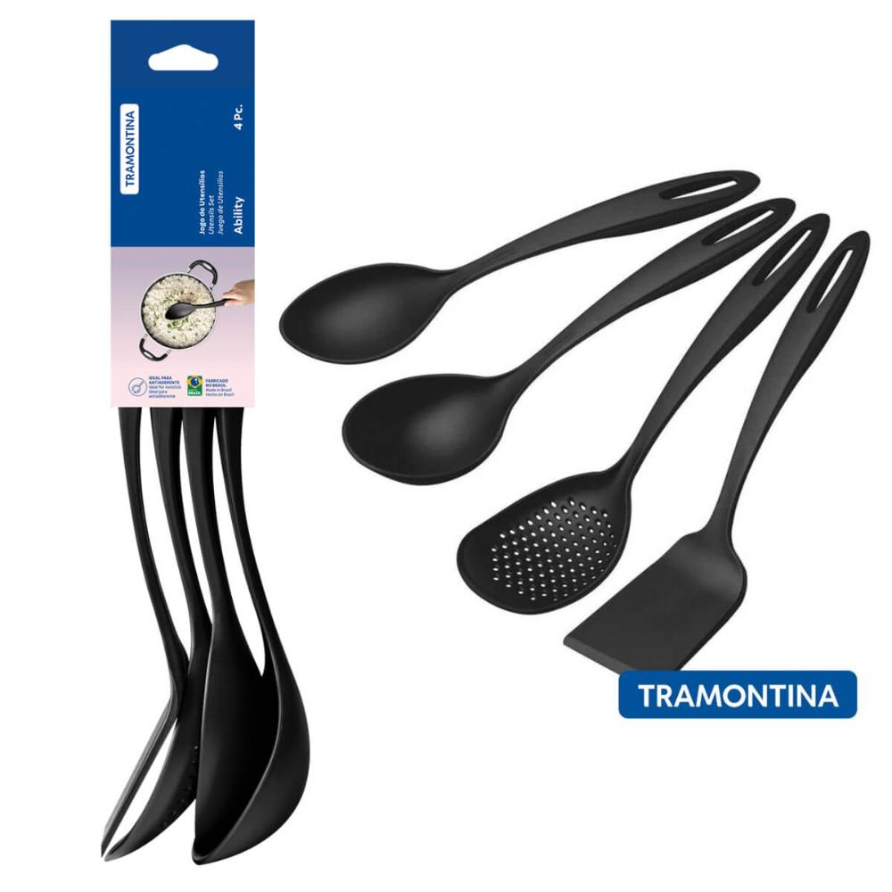Utensílios de Cozinha Concha Colher Espátula Nylon Tramontina Preto Ability 4 Peças
