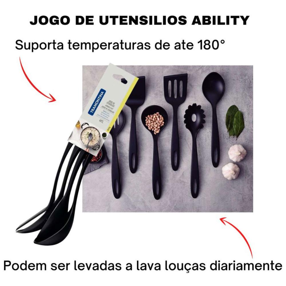 Utensílios de Cozinha Concha Colher Espátula Nylon Tramontina Preto Ability 4 Peças