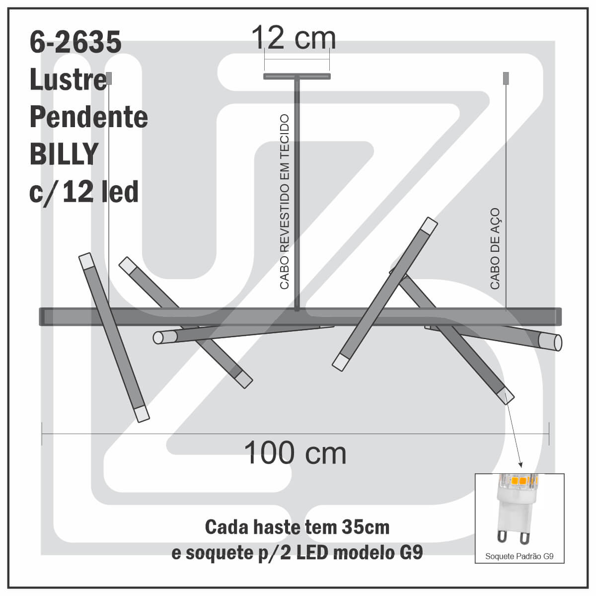 Lustre Grande Slim Moderno Billy PRETA + 12 LED G9 de 5W