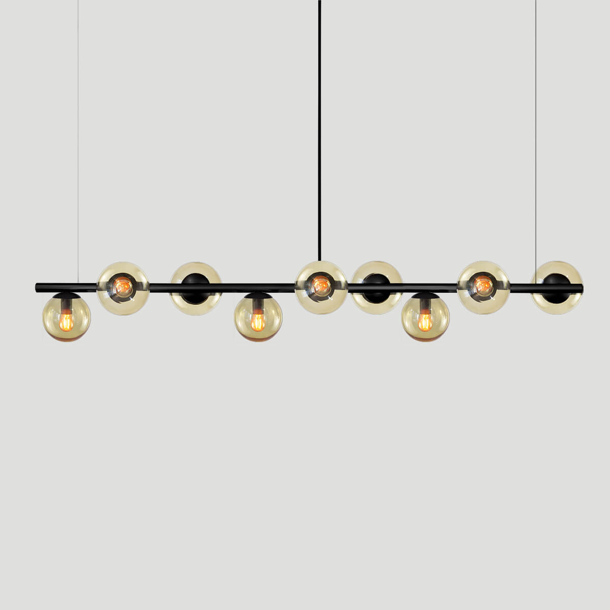 Lustre Pendente Figo Preto 1,5M - 9 Globos Esfera de Vidro Âmbar
