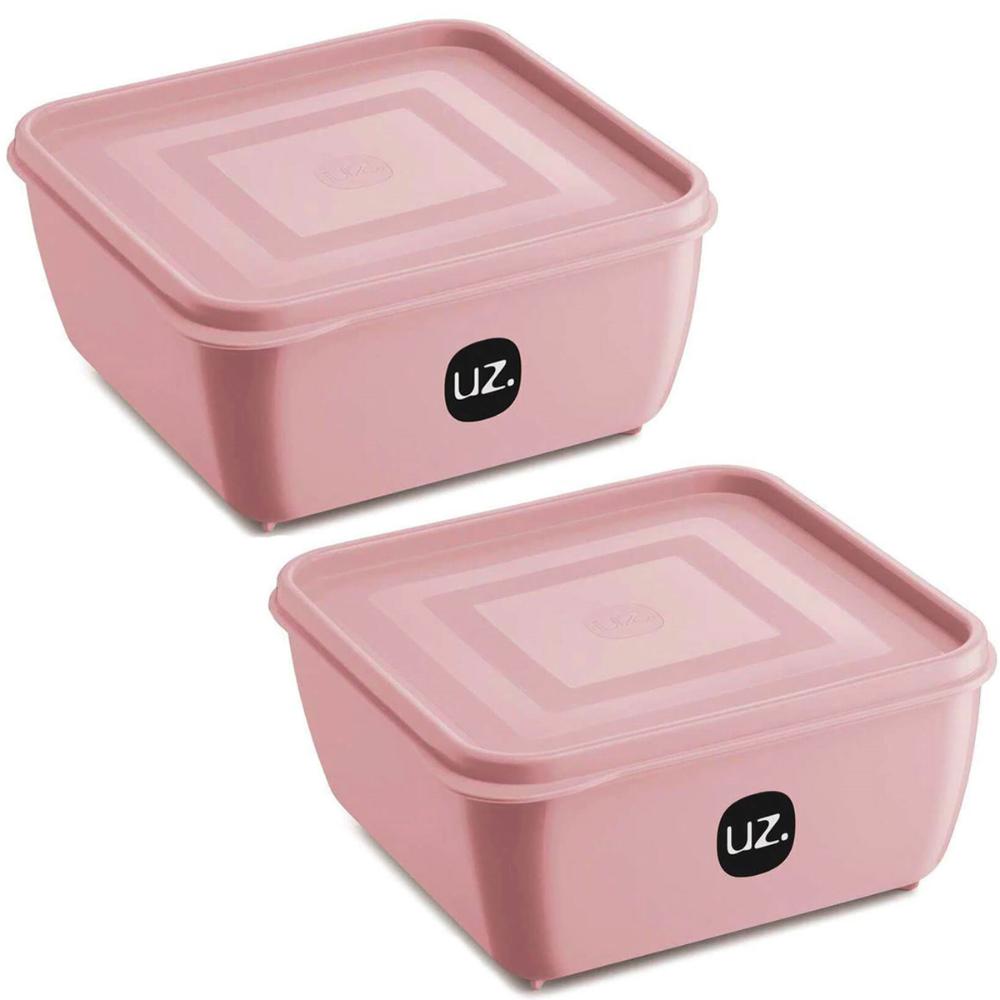 2 Potes Plásticos UZ Rosa Quadrado Multiuso 1,5L com Tampa P
