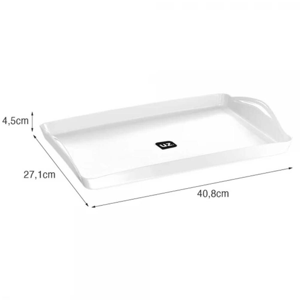 4 Bandejas de Plástico para Alimentos Plus Branca UZ 40,8cm com Alça Servir Decorar Retangular