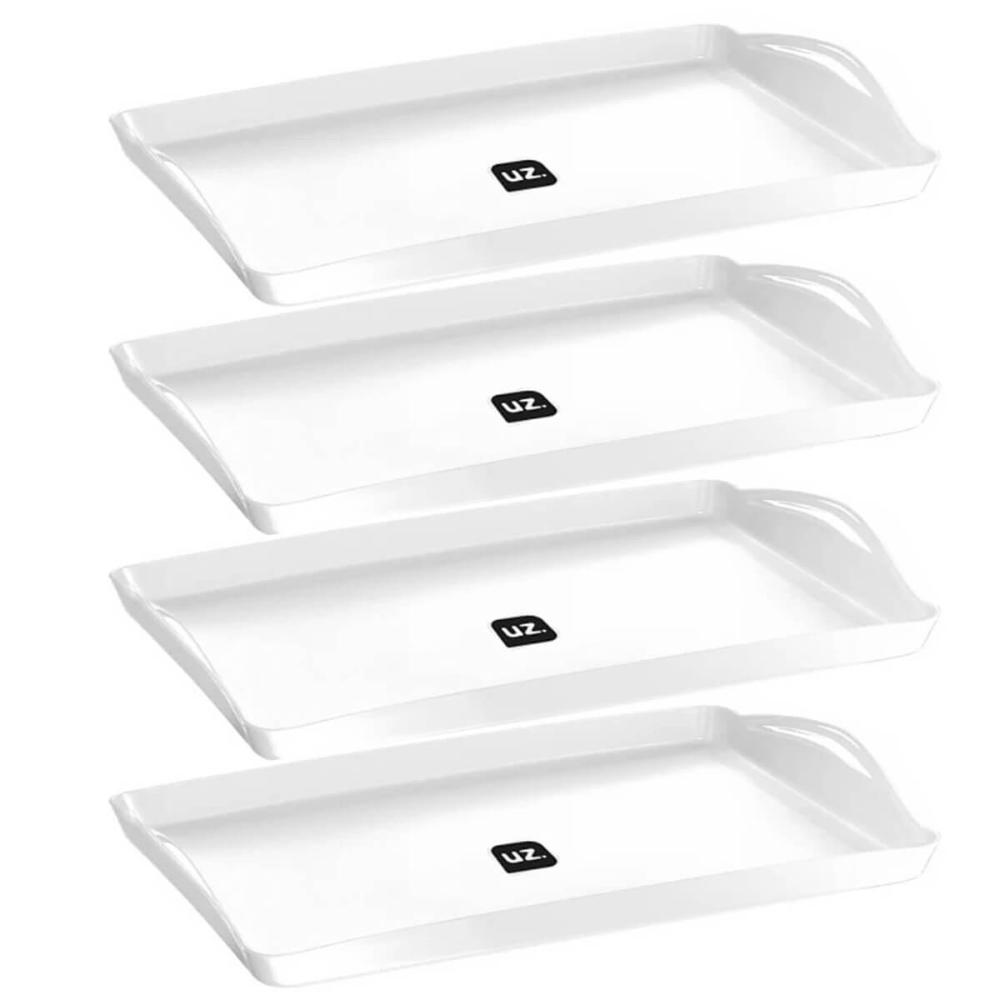 4 Bandejas de Plástico para Alimentos Plus Branca UZ 40,8cm com Alça Servir Decorar Retangular