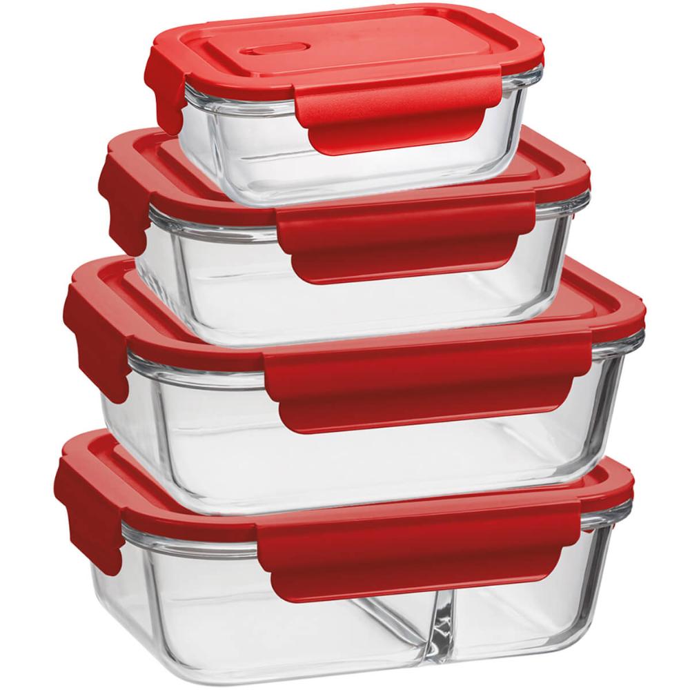 Conjunto 4 Potes Herméticos de Vidro Borossilicato Retangulares Vermelho UZ Marmitas