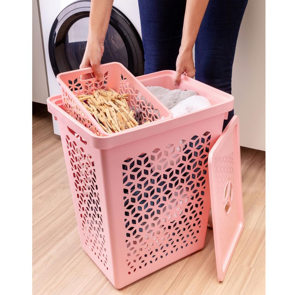 Conjunto Cesto para Roupas 55L com Tampa e Cesto Interno 6L para Peças Pequenas UZ Rosa