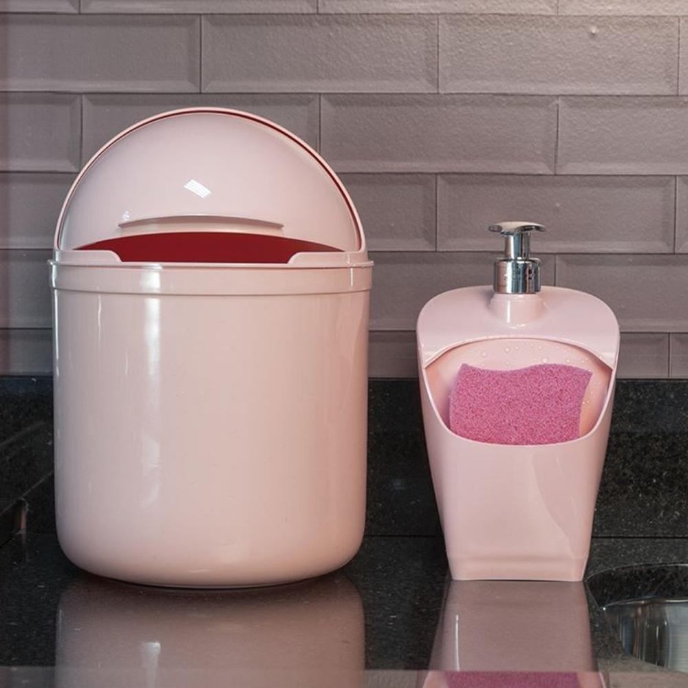 Dispenser Porta Detergente E Esponja Organizador De Pia Uz Rosa Quartzo