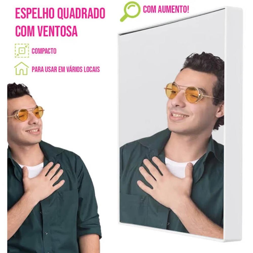 Espelho de Aumento com Ventosa Uz Maquiagem Banheiro Barbear 14cm Quadrado