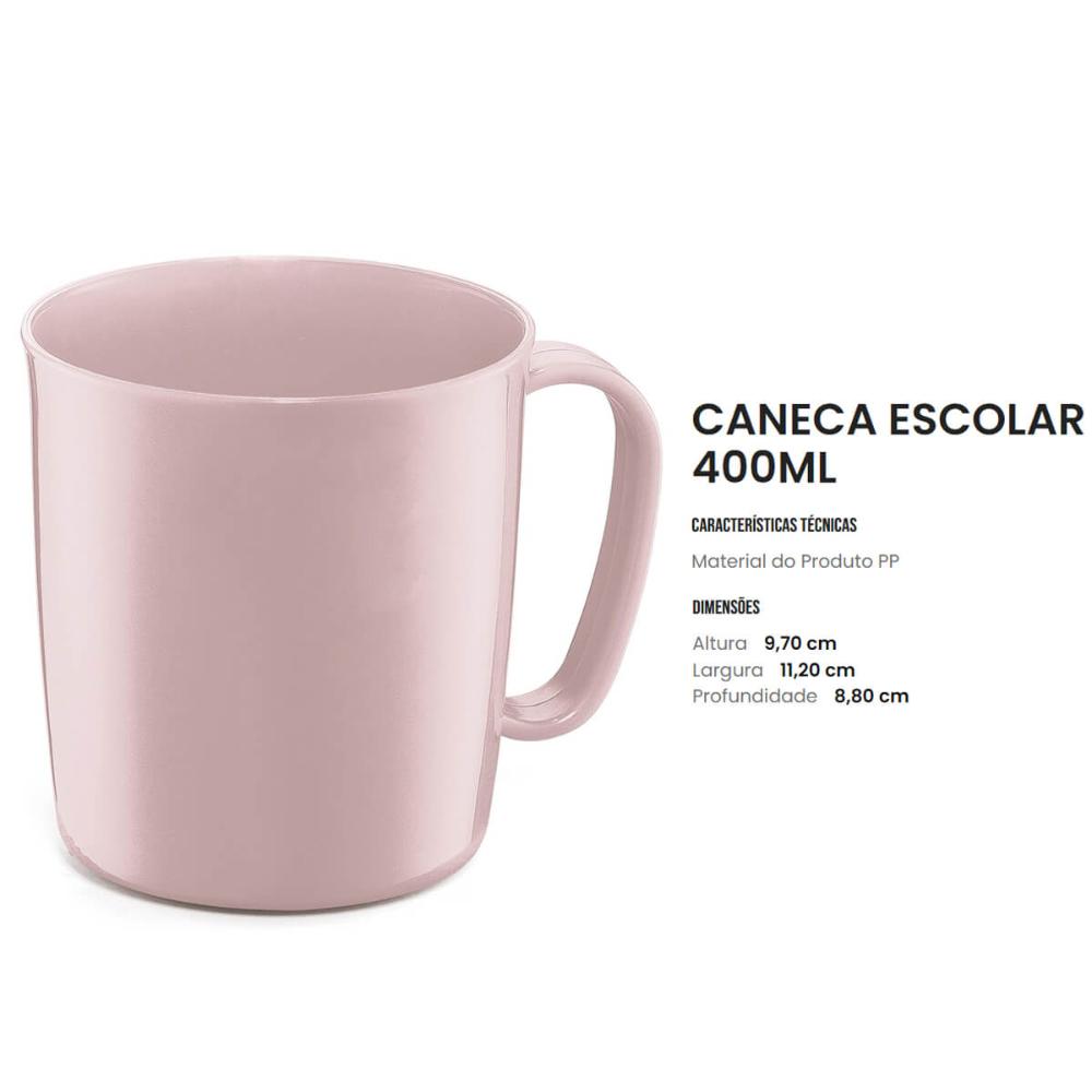 Kit 12 Canecas Plásticas 400ml Escolares Rosa Refeitório Lancheria Alças Ergonômica UZ
