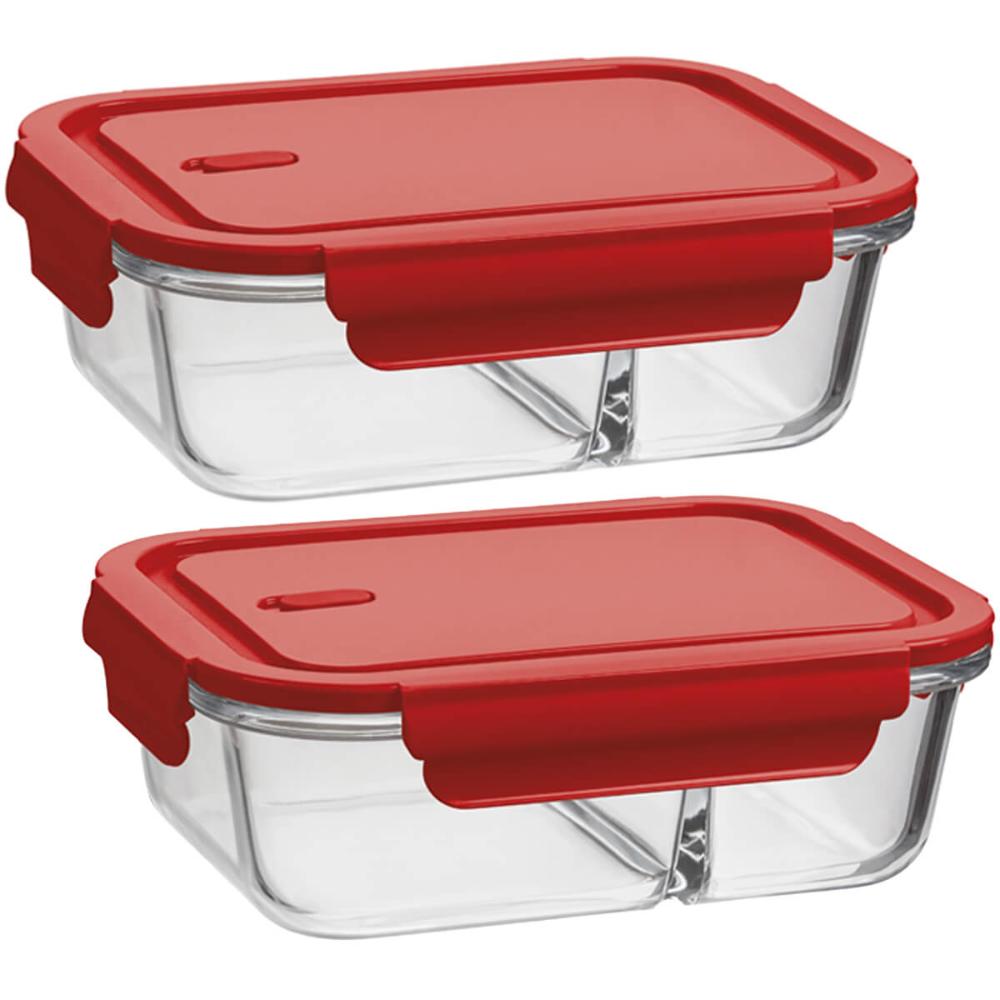 Kit 2 Marmitas Herméticas com Divisória 1L cada Potes de Vidro Borossilicato Vermelho UZ