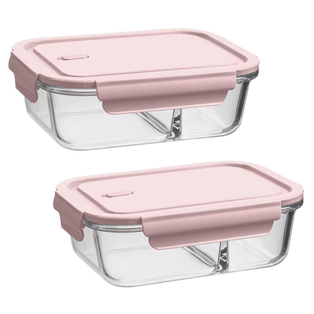 Kit 2 Marmitas de Vidro com Divisória 1L Rosa Pote Hermético