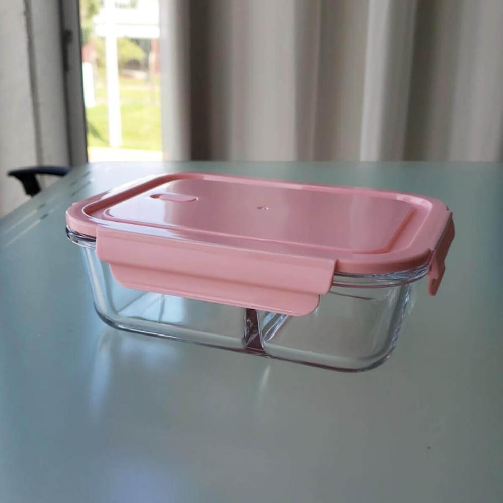 Kit 2 Marmitas de Vidro com Divisória 1L Rosa Pote Hermético