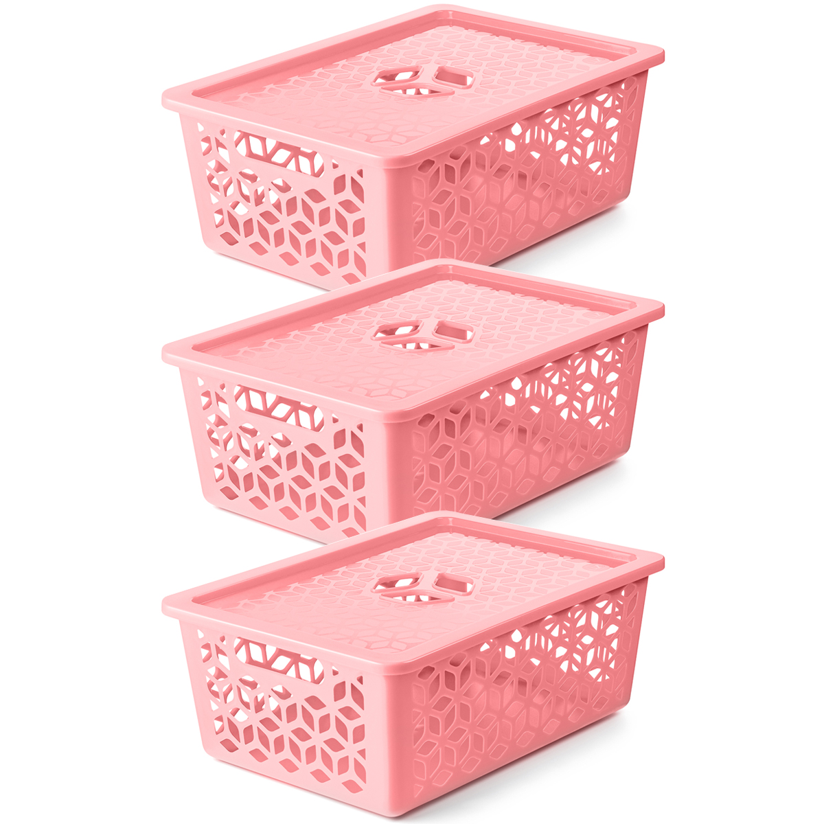 Kit 3 Caixas Organizadoras Grandes Empilháveis Com Tampas Alças Laterais UZ Rosa