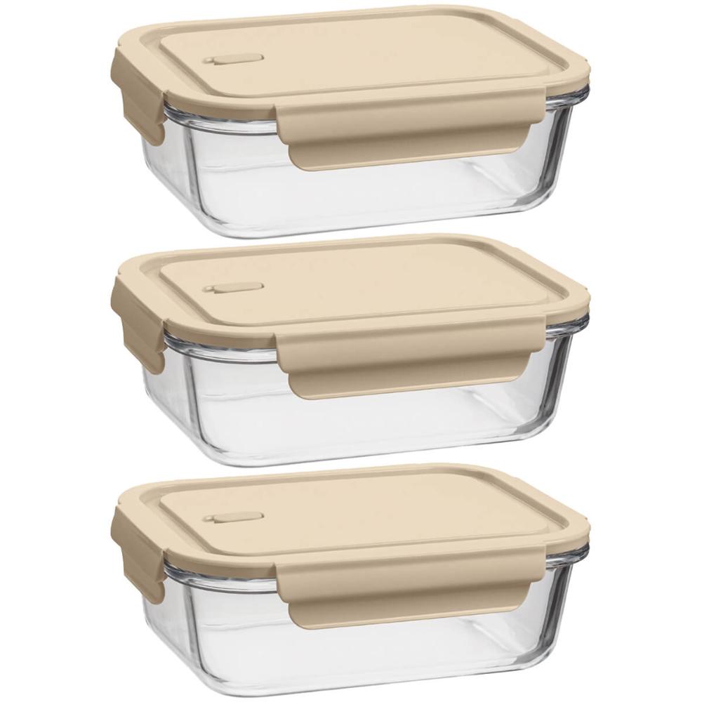 Kit 3 Potes de Vidro Herméticos 1,04L  Retangulares Capuccin