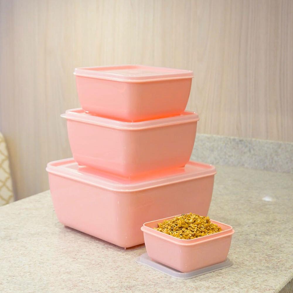 Kit 8 Potes Plástico UZ Rosa Quadrados Mantimentos 1,5L com