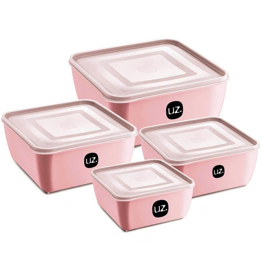 Kit 8 Potes Plástico UZ Rosa Quadrados Mantimentos 1,5L com