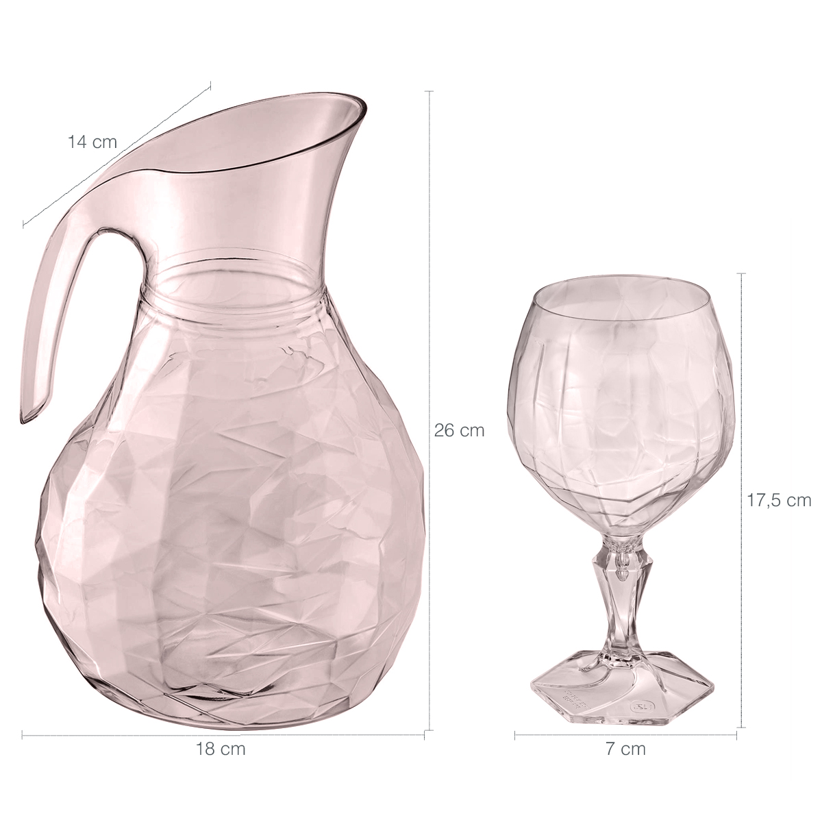 Kit Jarra 2,3L E 6 Taças 350ml Jogo De Refresco Tango Servir Água Suco Rosa Translúcido UZ