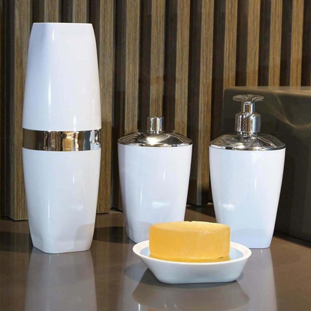 Kit Porta Algodão Cotonete e Sabonete Líquido 400ml Brancos