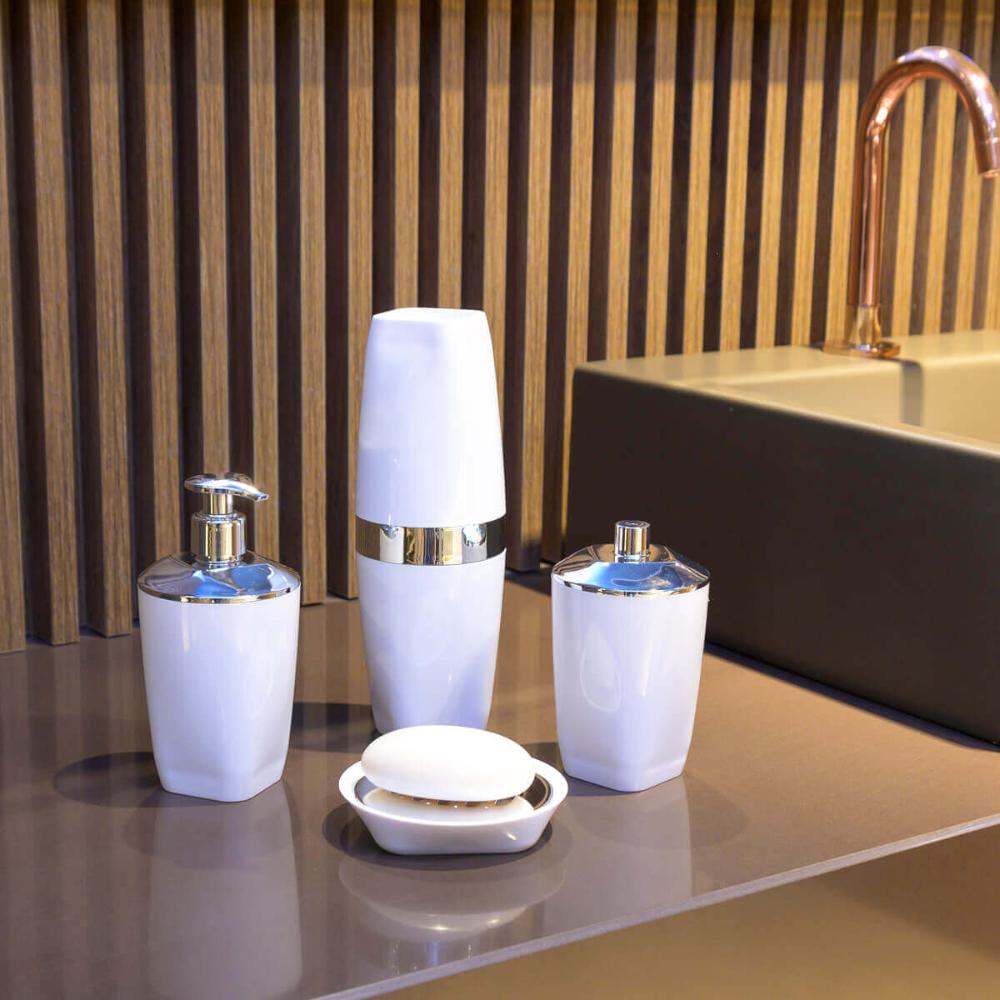 Kit Porta Algodão Cotonete e Sabonete Líquido 400ml Brancos