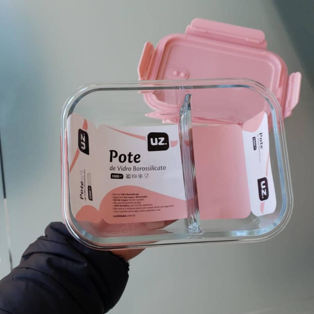 Marmita de Vidro com Divisória 1L Pote Hermético com Tampa UZ Retangular Rosa