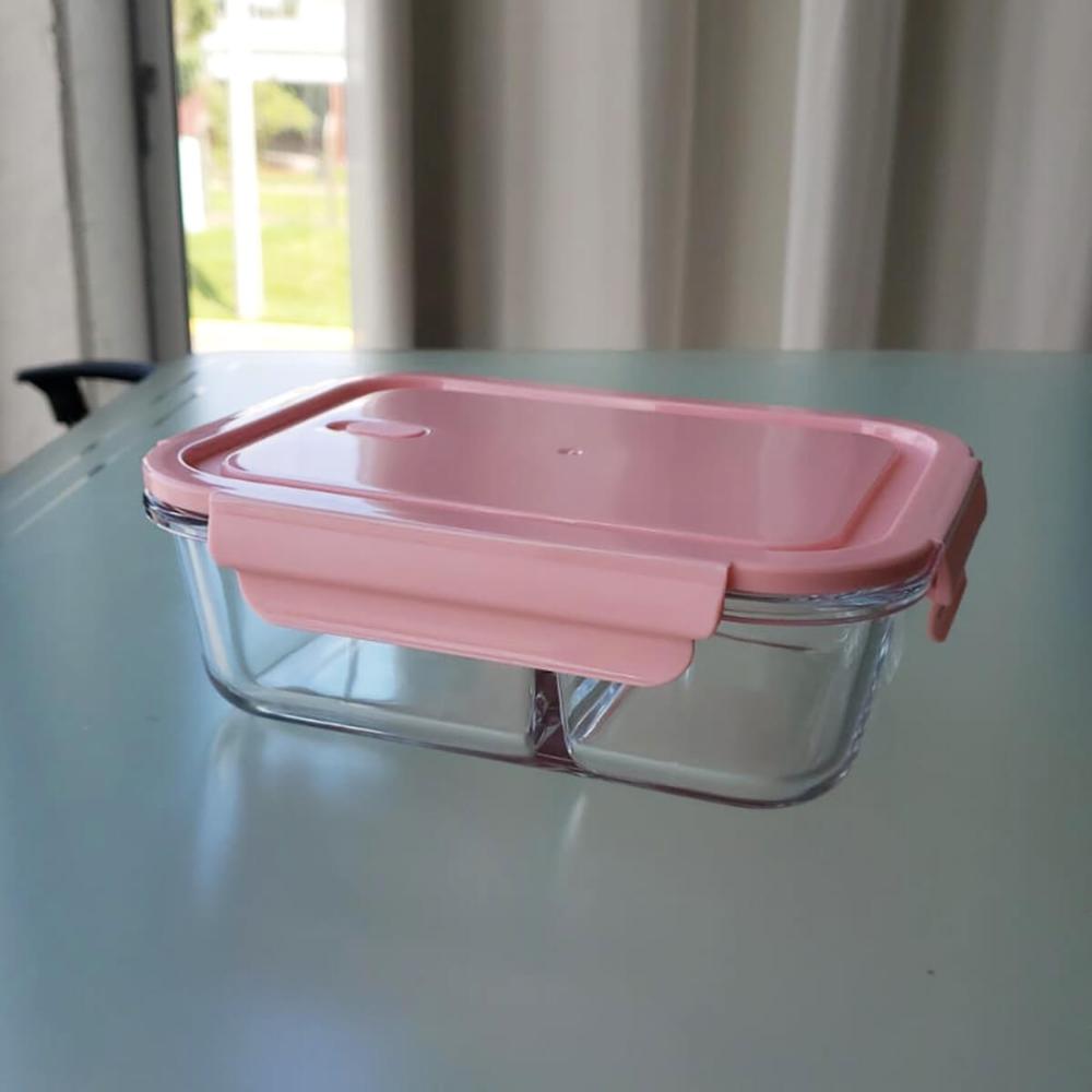 Marmita de Vidro com Divisória 1L Pote Hermético com Tampa UZ Retangular Rosa