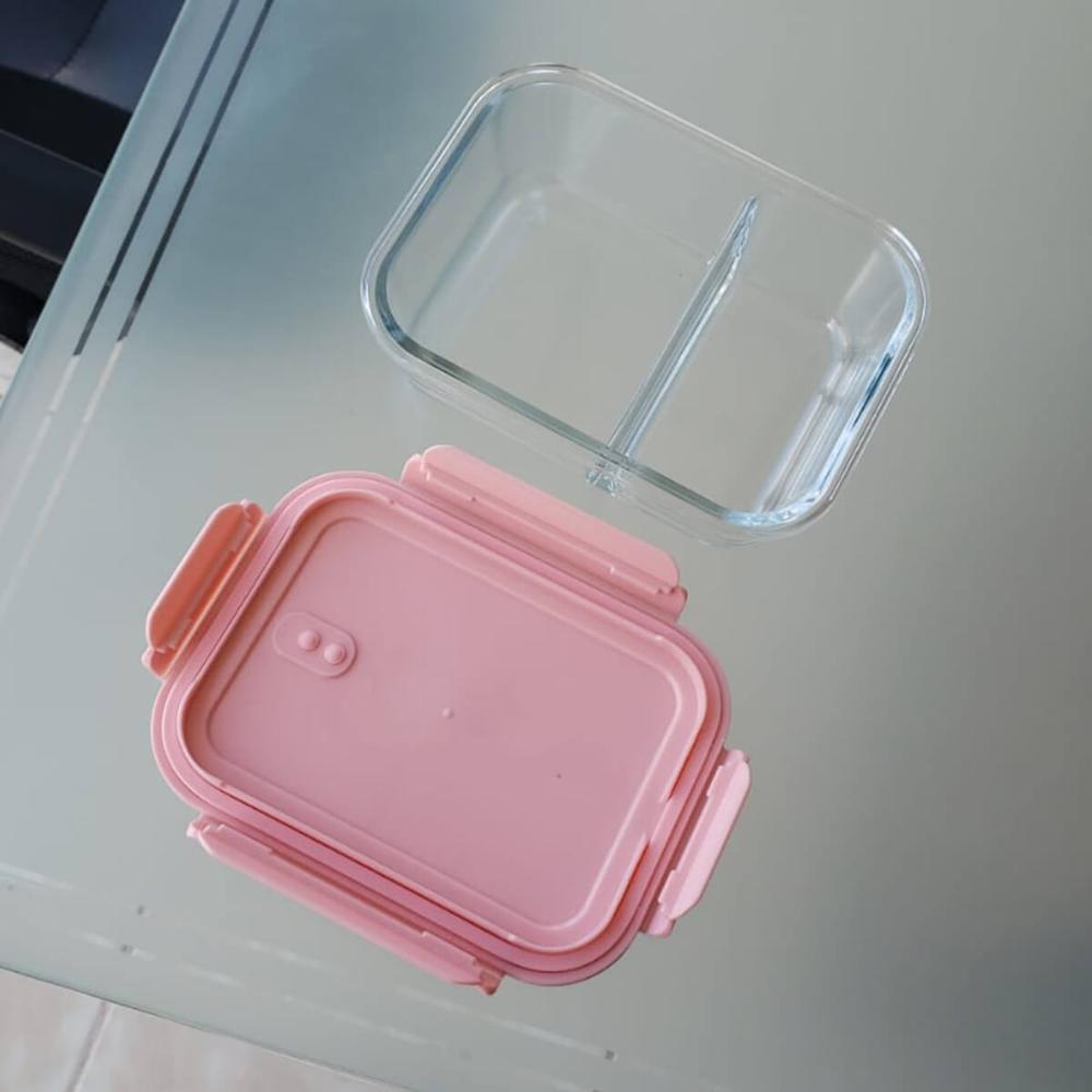 Marmita de Vidro com Divisória 1L Pote Hermético com Tampa UZ Retangular Rosa
