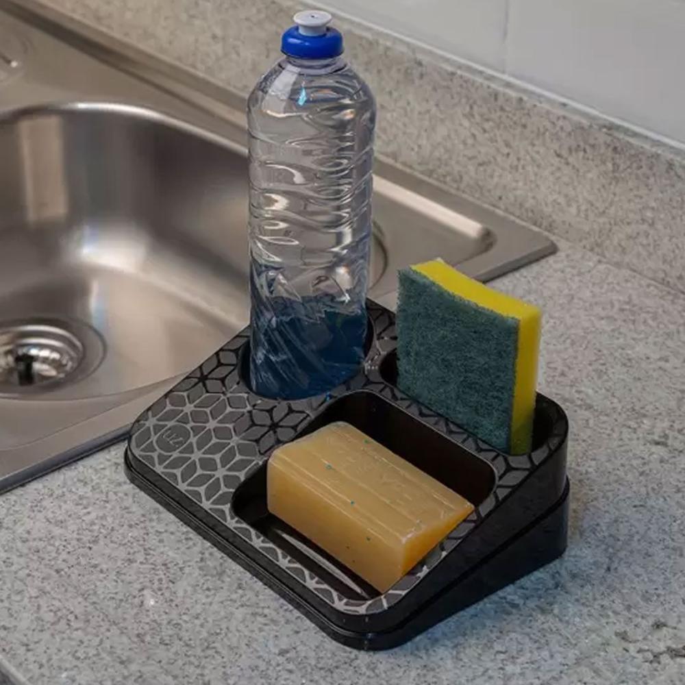 Organizador de Pia de Cozinha UZ Suporte Porta Detergente Esponja e Sabão em Barra Preto