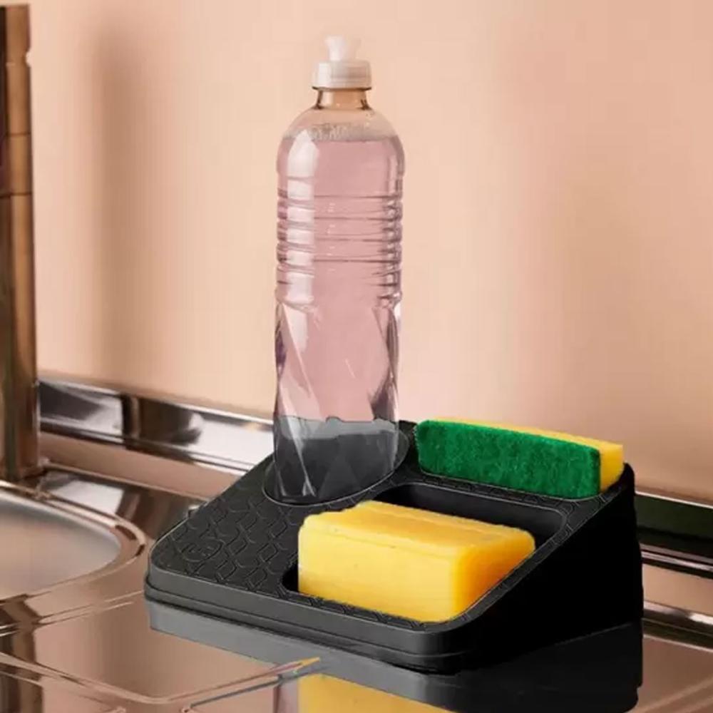 Organizador de Pia de Cozinha UZ Suporte Porta Detergente Esponja e Sabão em Barra Preto