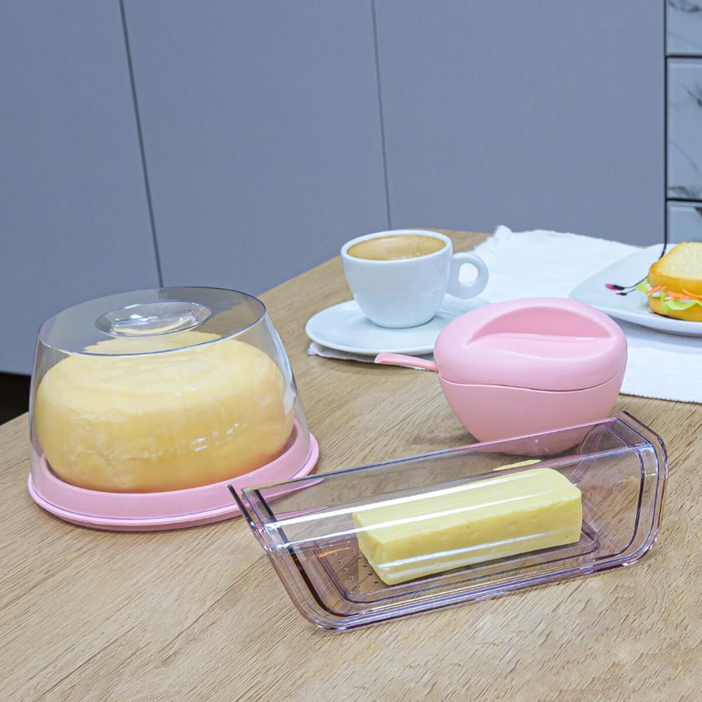 Queijeira Porta Queijo Frios Tampa Acrílico Transparente Uz Rosa Quartzo