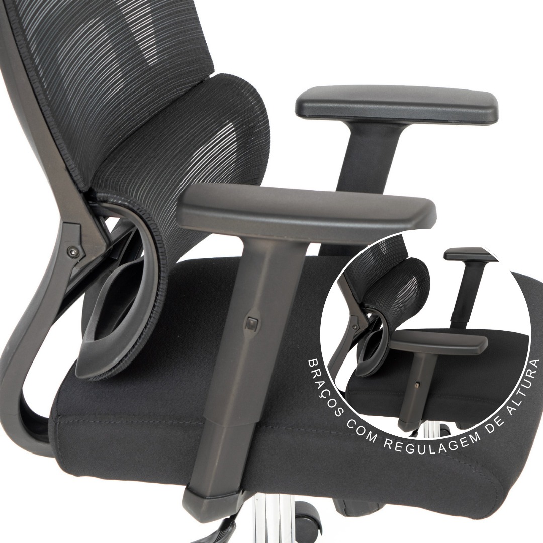 Cadeira de Escritório Presidente Ergonômica Tela Mash Reclinável NR17 - Preta