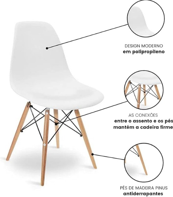 Conjunto 3 Cadeiras Charles Eames Eiffel Concha Fixa - Branca