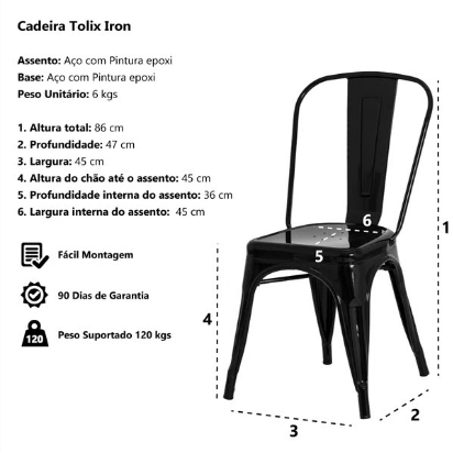 Conjunto 6 Cadeiras Tolix Iron - Design - PRETO BRILHANTE