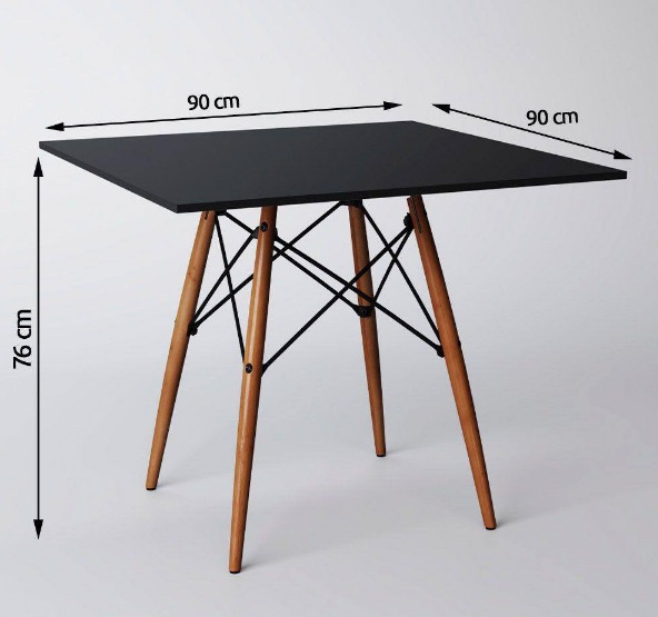 Conjunto De Mesa De Jantar Eames Eiffel Quadrada 90cm Tampo De Madeira Preto Com 4 Cadeiras Pretas
