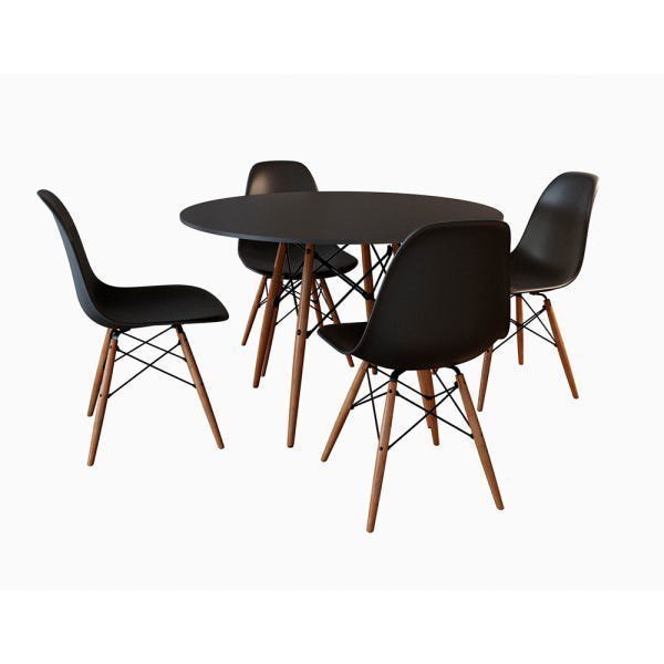 Conjunto De Mesa De Jantar Eames Eiffel Redonda 90cm Tampo De Madeira Preto Com 4 Cadeiras Pretas PR