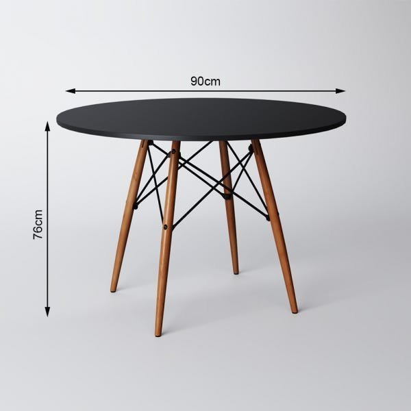 Conjunto De Mesa De Jantar Eames Eiffel Redonda 90cm Tampo De Madeira Preto Com 4 Cadeiras Pretas PR