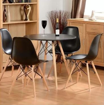 Conjunto De Mesa De Jantar Eames Eiffel Redonda 90cm Tampo De Madeira Preto Com 4 Cadeiras Pretas PR
