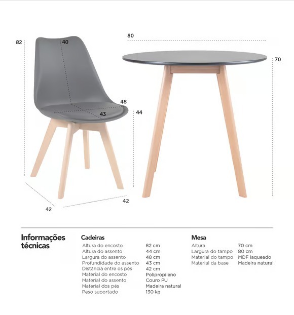 Conjunto Mesa Jantar Leda 80cm Preta + 2 Cadeiras Leda - Pretas