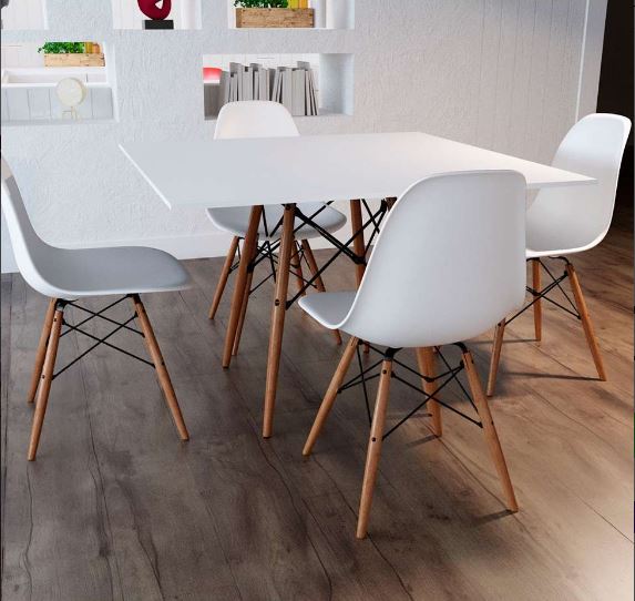 Conjunto Mesa Jantar Quadrada Eiffel 80cm Branco Mdf + 4 cadeiras Charles Eames
